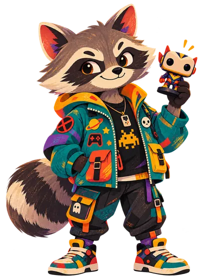 Mascote 2D de guaxinim em roupa streetwear segurando um boneco colecionável
