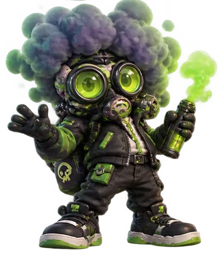 Vilão 3D Fumaça Tóxica, de máscara de gás e spray verde